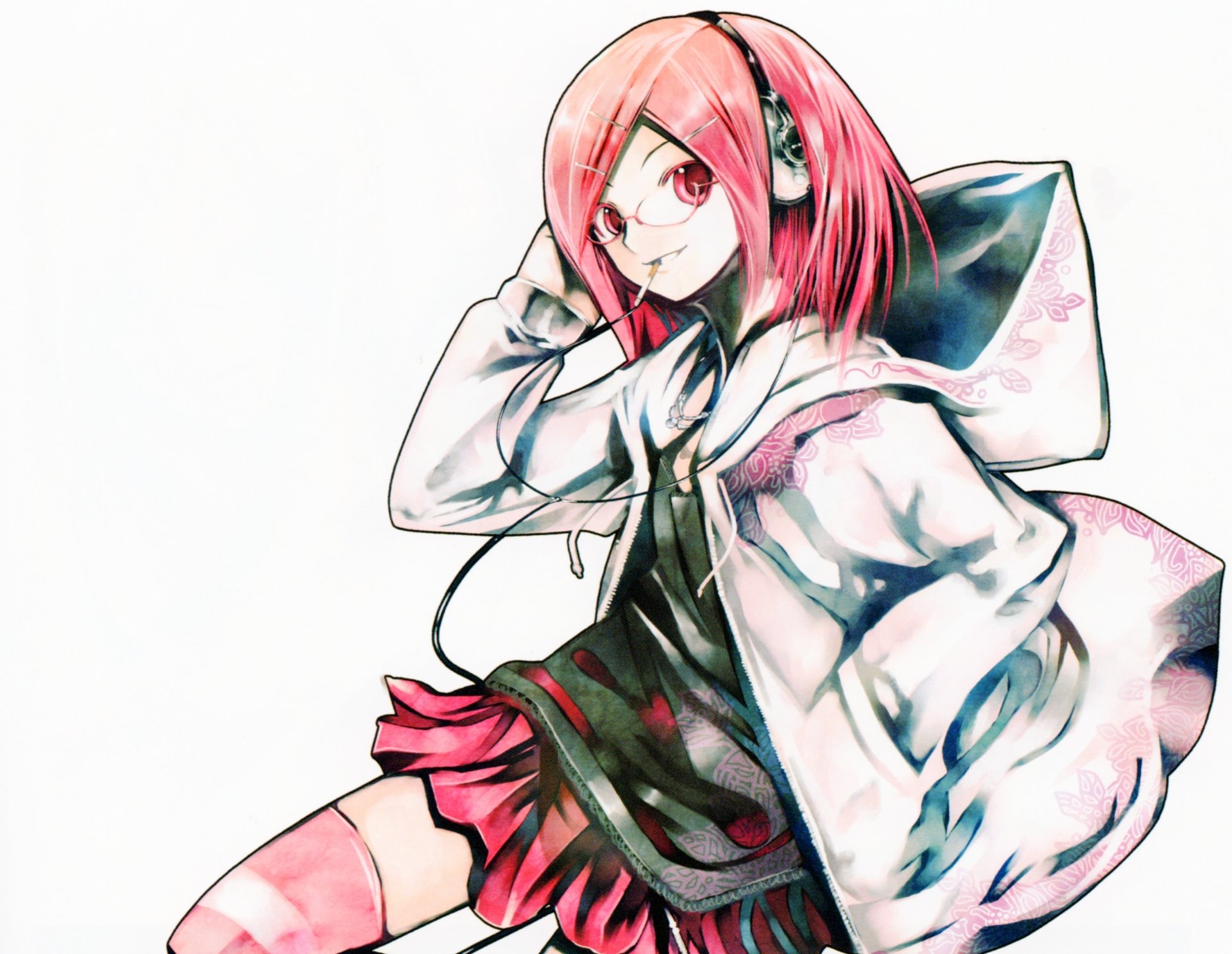 Anime-style character with pink short hair, red eyes, glasses, headphones, and a hoodie, smiling while holding a cigarette. 4K Ultra HD desktop wallpaper.
