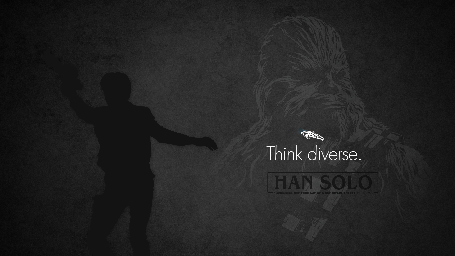 8K Ultra HD Star Wars PC desktop wallpaper featuring a shadowy silhouette of Han Solo and a textured portrait with the text Think diverse.