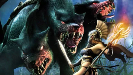 A fierce fantasy warrior battles a three-headed beast in an intense, colorful Titan Quest video game scene, rendered as an HD PC desktop wallpaper.