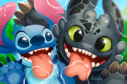 HD desktop wallpaper featuring a playful crossover of Toothless from How to Train Your Dragon and Stitch from Lilo & Stitch, tagged with both movie titles and the characters.