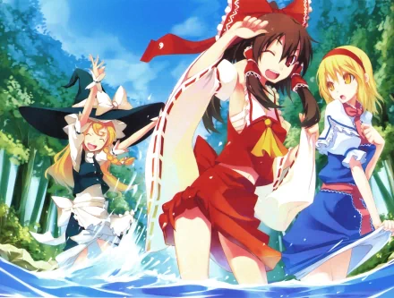 HD anime desktop wallpaper featuring Touhou characters Alice Margatroid, Reimu Hakurei, and Marisa Kirisame enjoying a vibrant outdoor scene.