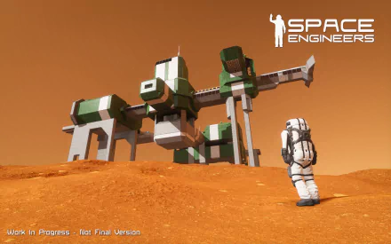 HD wallpaper featuring a Space Engineer character observing a large structure on a Mars-like planet.