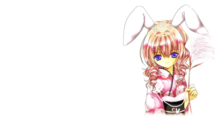 5K Ultra HD PC wallpaper: anime original — smiling girl with long blonde hair, blue eyes and bunny ears wearing a pink kimono, holding a cup on a white background.