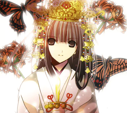 dagger brown eyes brown hair long hair crown butterfly Anime Original HD Desktop Wallpaper | Background Image