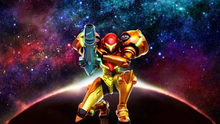 HD desktop wallpaper of Samus Aran from Metroid: Samus Returns, featuring the iconic video game character in a powerful pose against a cosmic background.
