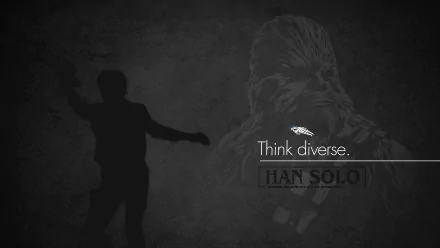8K Ultra HD Star Wars PC desktop wallpaper featuring a shadowy silhouette of Han Solo and a textured portrait with the text Think diverse.