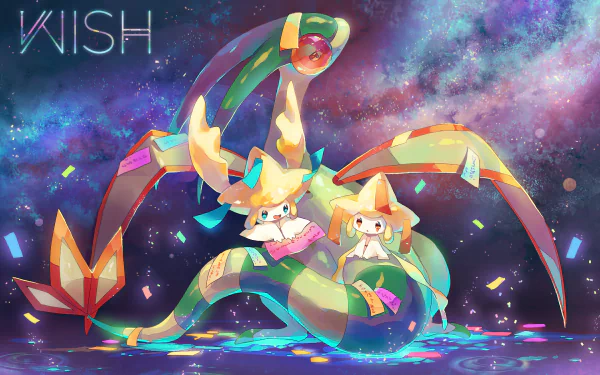 HD PC desktop wallpaper featuring Flygon and Jirachi from Pokémon in an anime style, set against a vibrant, cosmic background with the word WISH displayed.