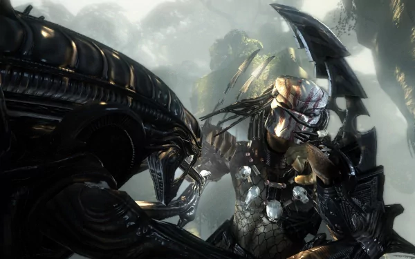 A dramatic HD wallpaper featuring a fierce battle between a Predator and an alien from the Aliens vs. Predator video game, capturing intense action and detail in a lush sci-fi environment.