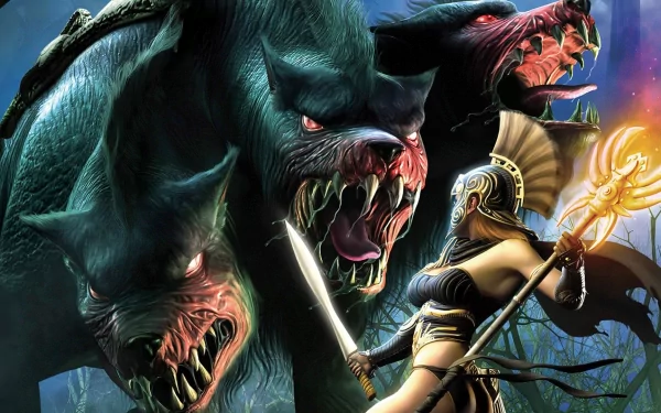 A fierce fantasy warrior battles a three-headed beast in an intense, colorful Titan Quest video game scene, rendered as an HD PC desktop wallpaper.
