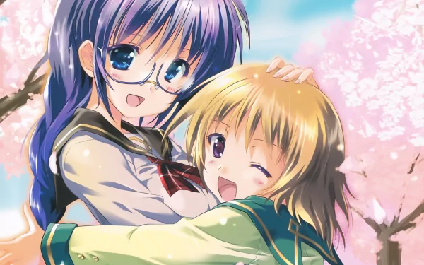 cherry blossom purple eyes blue eyes wink blush smile hug blonde short hair blue hair long hair Anime Original HD Desktop Wallpaper | Background Image