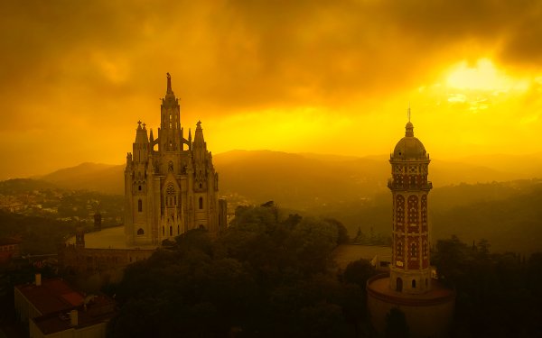 Man Made Barcelona Cities Spain Cathedral Tibidabo Panorama Sunset HD Wallpaper | Background Image