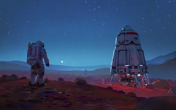 Astronauts explore the rocky landscape of Mars under a starry sky, with a futuristic rocket poised for lift-off in this stunning sci-fi HD desktop wallpaper.
