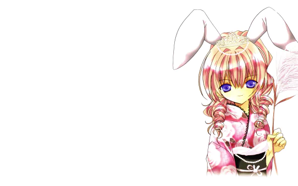 5K Ultra HD PC wallpaper: anime original — smiling girl with long blonde hair, blue eyes and bunny ears wearing a pink kimono, holding a cup on a white background.