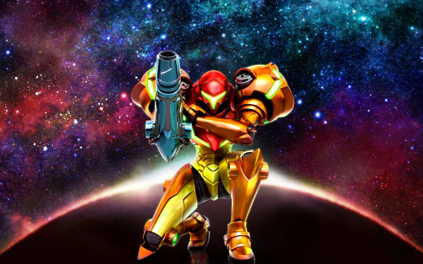HD desktop wallpaper of Samus Aran from Metroid: Samus Returns, featuring the iconic video game character in a powerful pose against a cosmic background.