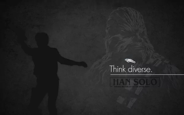 8K Ultra HD Star Wars PC desktop wallpaper featuring a shadowy silhouette of Han Solo and a textured portrait with the text Think diverse.