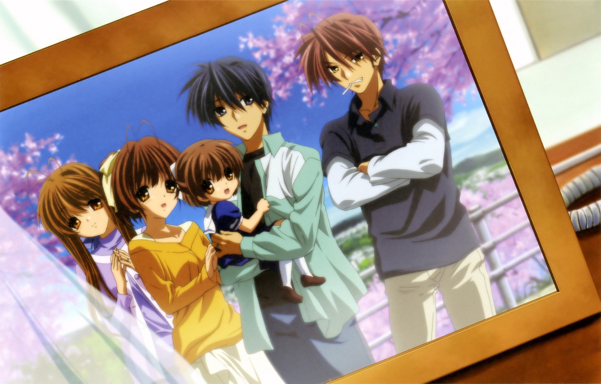 Nagisa, Ushio, Akio, Sanae, and Tomoya Okazaki together in a family portrait