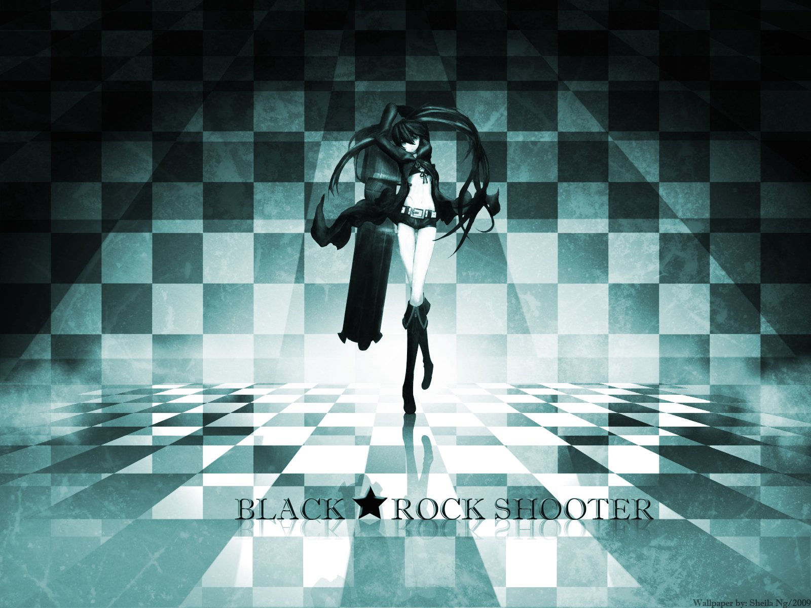 A striking HD wallpaper featuring Black Rock Shooter, a fierce anime character, set against a dramatic checkerboard background infused with dark tones.