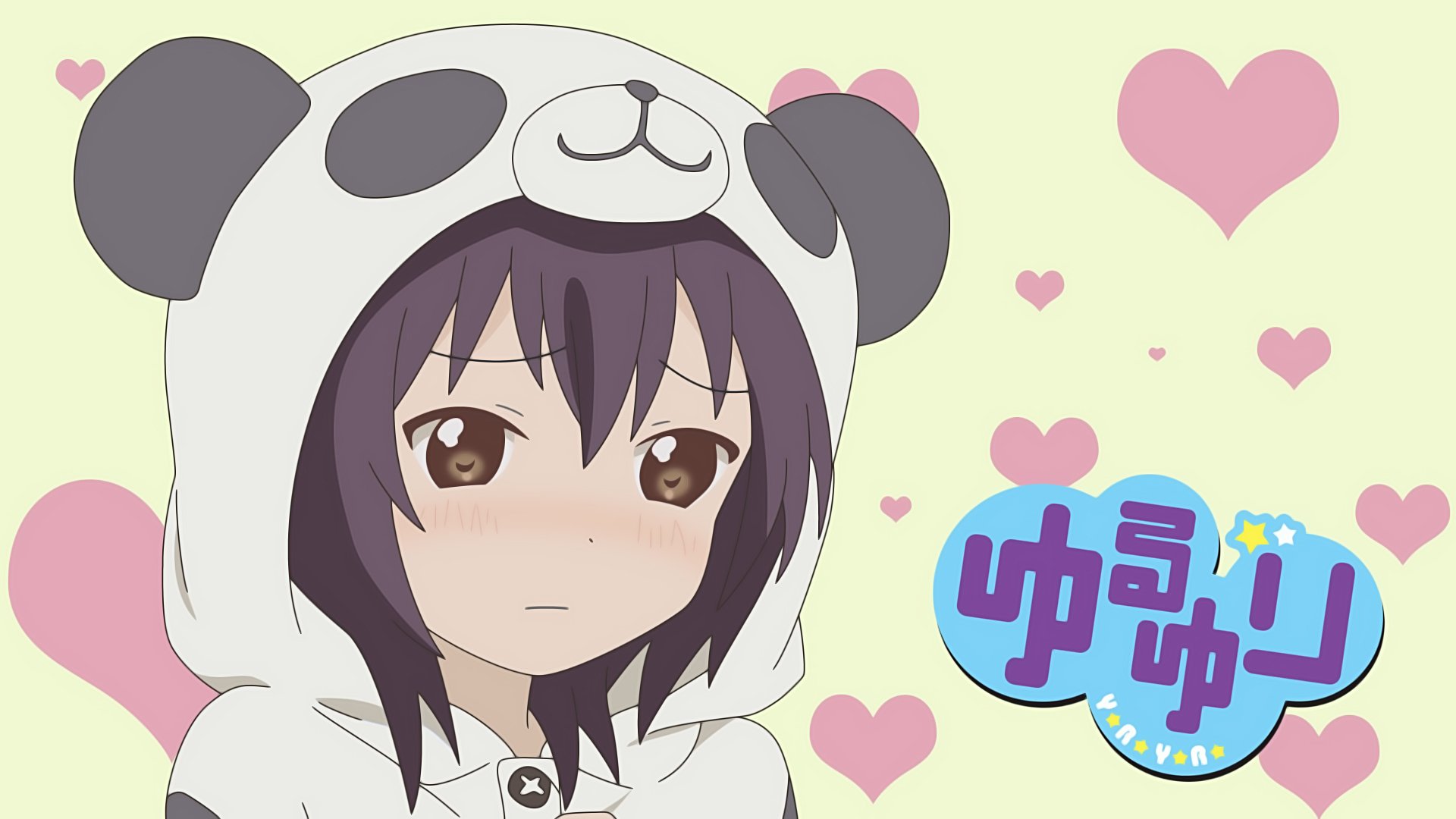 Anime HD PC desktop wallpaper featuring a YuruYuri character in a panda hoodie with a soft expression, surrounded by pink hearts and the YuruYuri logo.