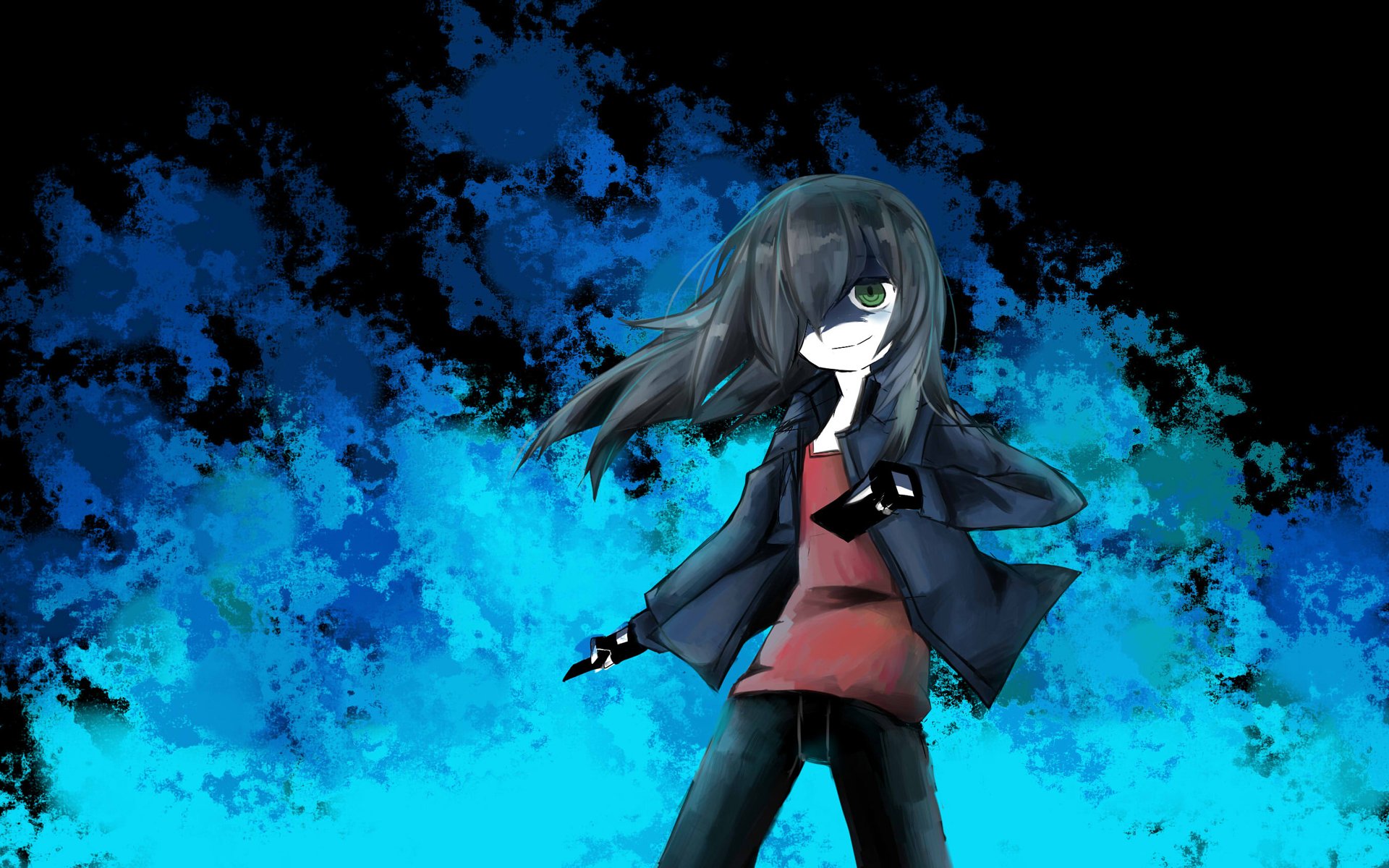HD anime desktop wallpaper featuring Tomoko Kuroki from Watamote, with a dark jacket and red top against a vivid blue and black textured background.