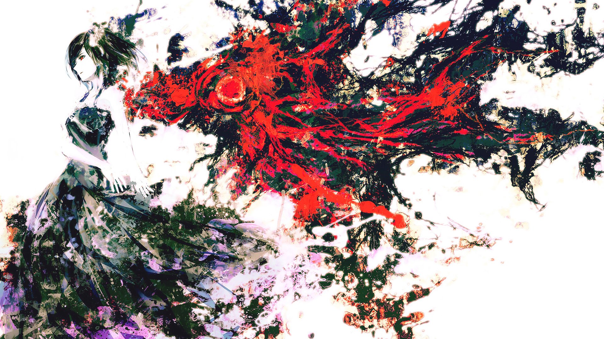 Abstract HD desktop wallpaper of Touka Kirishima from Tokyo Ghoul, featuring vivid, dynamic bursts of red and black with an artistic flair.