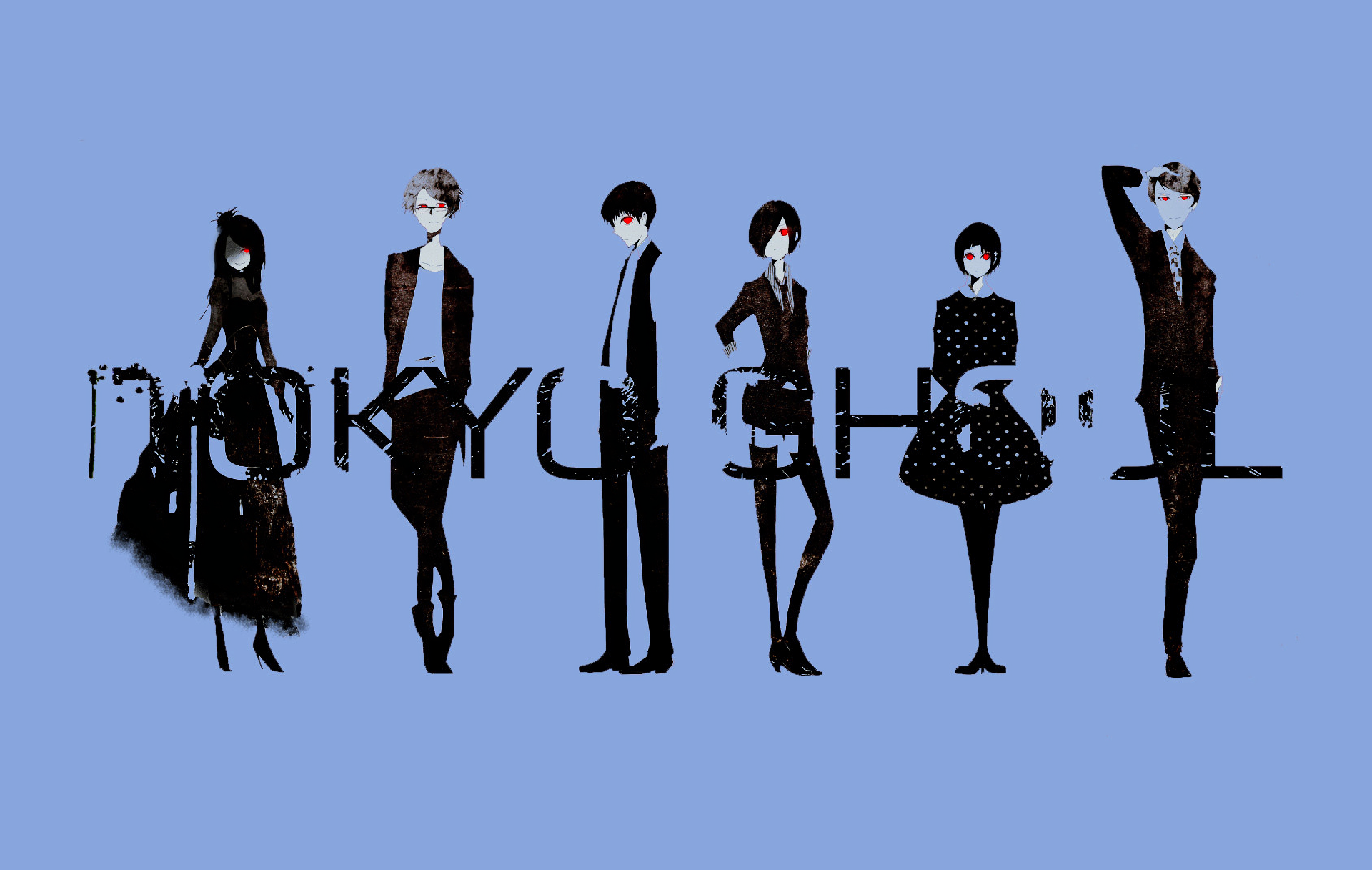 Art featuring characters from Tokyo Ghoul, including Touka Kirishima, Shū Tsukiyama, Rize Kamishiro, and Ken Kaneki, set against a blue background for a striking anime wallpaper.