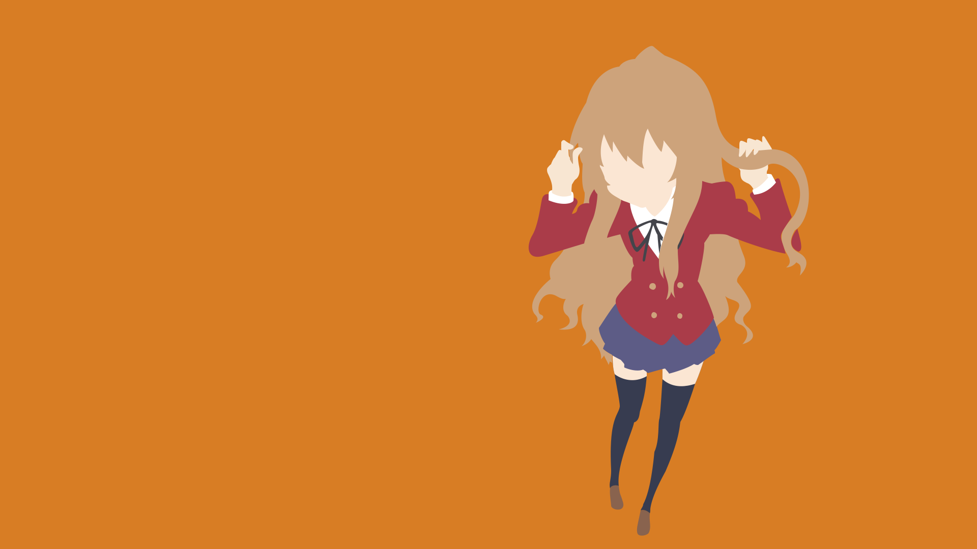 Minimalist HD PC desktop wallpaper of Taiga Aisaka from the anime Toradora!, featuring her in a school uniform against a solid orange background.