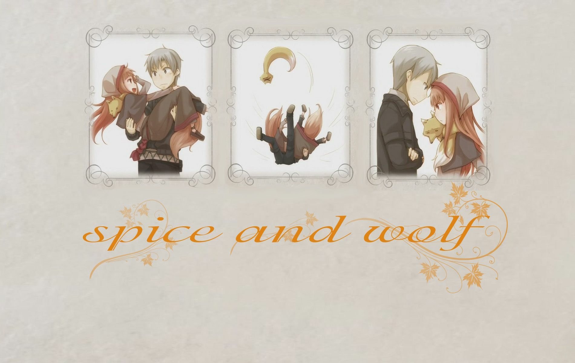 Minimalist HD PC desktop wallpaper of anime Spice and Wolf: three framed panels featuring Kraft Lawrence and Holo in warm poses with a central emblem and spice and wolf script below.