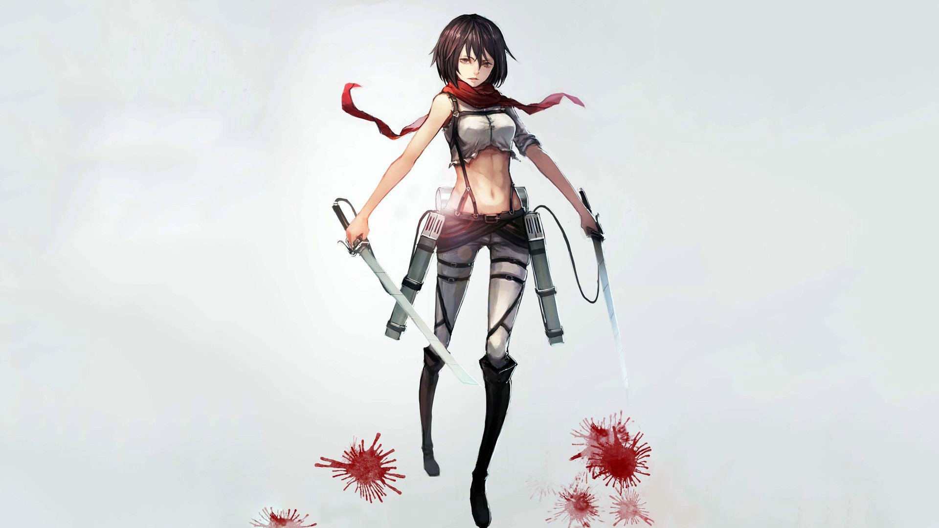HD PC desktop wallpaper featuring Mikasa Ackerman from Attack on Titan, depicted in dynamic pose with her signature gear and red scarf against a light background with abstract red splashes.