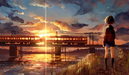 An anime-inspired HD wallpaper featuring a train crossing a bridge at sunset, with a serene figure gazing at the vibrant sky reflected in the water.