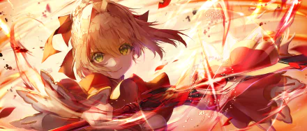 A vibrant HD desktop wallpaper featuring Red Saber from the Fate/Extra series. The dynamic anime artwork showcases Saber in striking colors, with swirling light effects and an intense gaze.