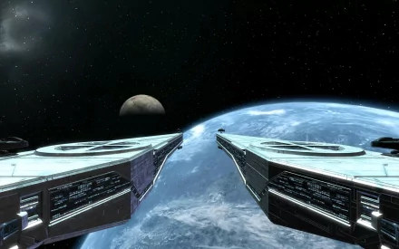 Sci-fi spaceship HD PC desktop wallpaper background: twin starship hulls frame a blue planet and distant moon against a star-filled void.