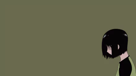 HD PC desktop wallpaper from the anime Welcome to the N.H.K.: minimalist olive-green background with a solitary short black-haired girl bowed and facing the right edge.