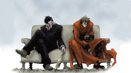 HD anime wallpaper featuring characters from Trigun sitting on a couch; one in a black suit and the other in an orange coat, against a cloudy background.