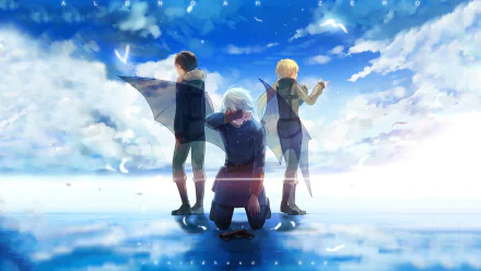 HD anime desktop wallpaper featuring Slaine Troyard, Inaho Kaizuka, and Asseylum Vers Allusia from Aldnoah.Zero against a bright blue sky with reflective water.