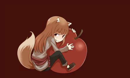 Anime-style illustration of Holo from Spice & Wolf hugging a large red apple, set against a dark brown background, designed as a 4K Ultra HD PC desktop wallpaper.