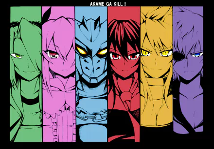 HD desktop wallpaper featuring characters from the anime Akame ga Kill!, each in a vibrant, monochromatic color strip including green, pink, blue, red, yellow, and purple.