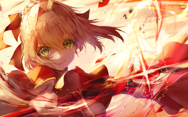 A vibrant HD desktop wallpaper featuring Red Saber from the Fate/Extra series. The dynamic anime artwork showcases Saber in striking colors, with swirling light effects and an intense gaze.