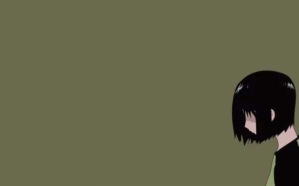 HD PC desktop wallpaper from the anime Welcome to the N.H.K.: minimalist olive-green background with a solitary short black-haired girl bowed and facing the right edge.