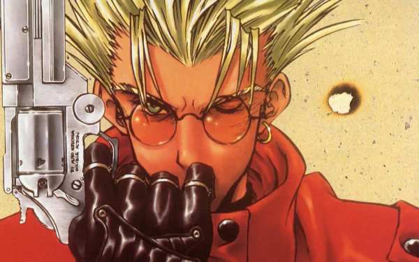 HD PC anime desktop wallpaper: Trigun's Vash in red coat and round glasses, gloved hand to mouth, large revolver at shoulder and bullet hole in sandy wall background.