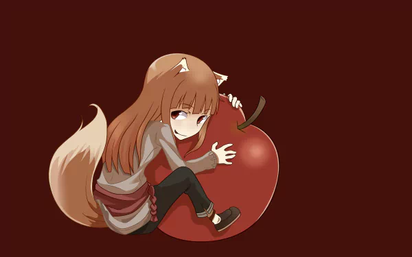 Anime-style illustration of Holo from Spice & Wolf hugging a large red apple, set against a dark brown background, designed as a 4K Ultra HD PC desktop wallpaper.