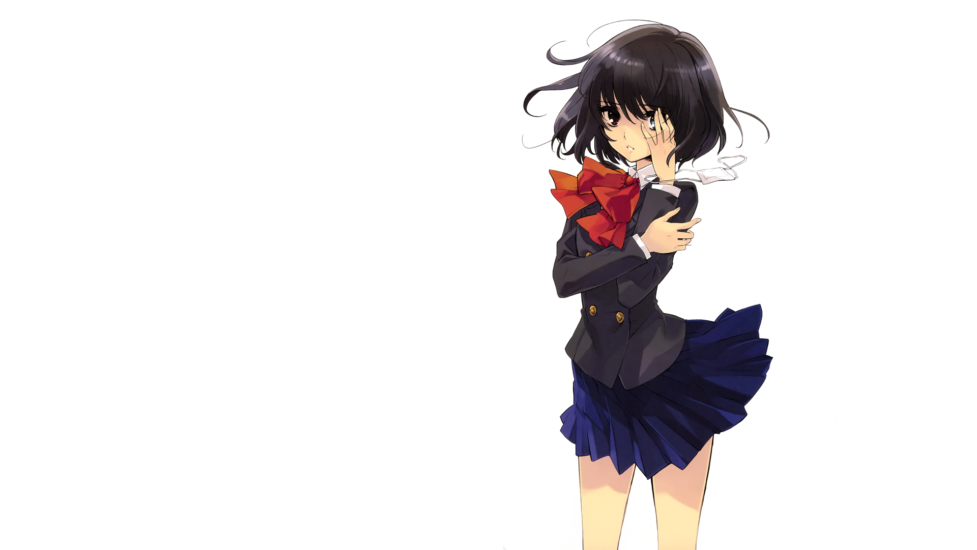 HD anime desktop wallpaper featuring Mei Misaki wearing a dark skirt and jacket with a prominent red bow, set against a white background.