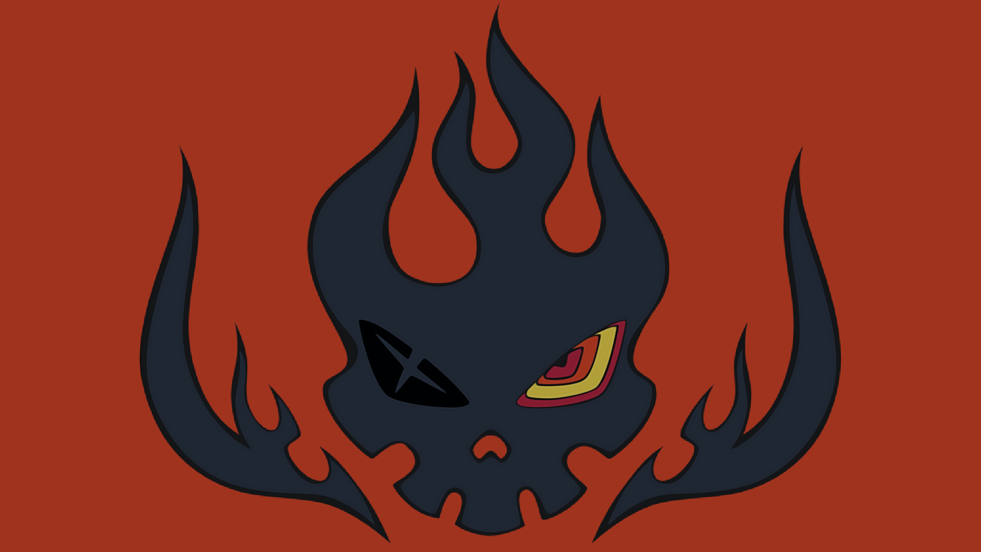 HD PC desktop wallpaper featuring a stylized black flame skull with an eye patch and glowing red eye, inspired by the anime Kill La Kill.