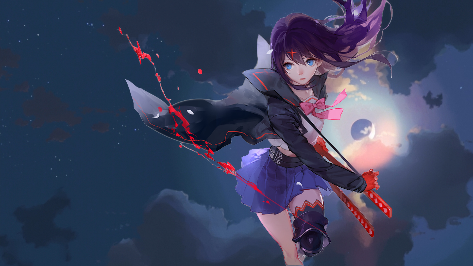 HD desktop wallpaper featuring Ryūko Matoi from the anime Kill La Kill, depicted in dynamic action with her signature weapon against a dramatic night sky backdrop.