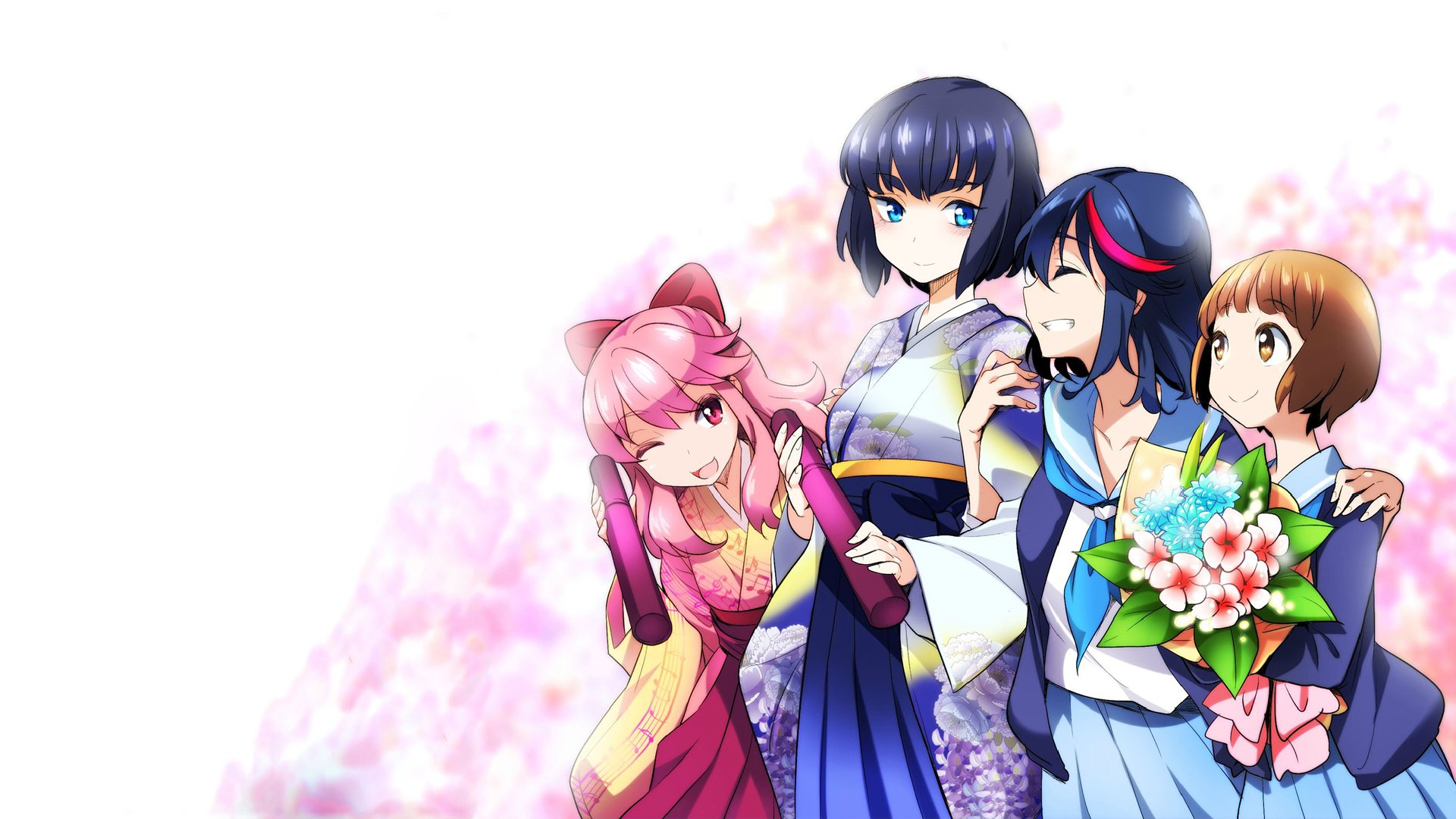 HD anime desktop wallpaper featuring Nonon Jakuzure, Mako Mankanshoku, Satsuki Kiryūin, and Ryūko Matoi from Kill La Kill in vibrant colors and detailed outfits.
