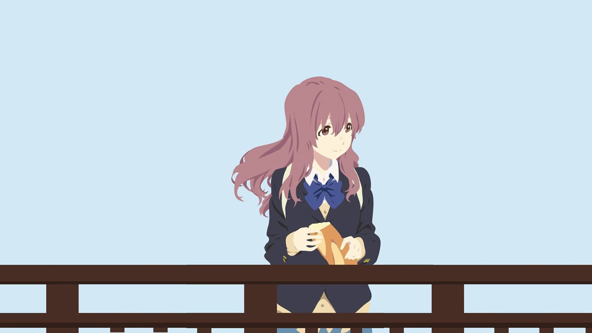 HD anime desktop wallpaper featuring Shoko Nishimiya from A Silent Voice standing behind a wooden railing against a clear blue sky background.