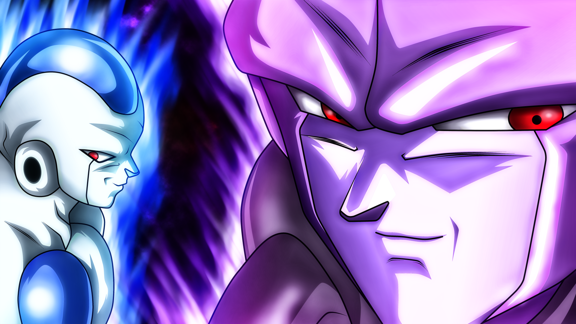 HD desktop wallpaper featuring Hit and Frost from Dragon Ball Super in vibrant colors.