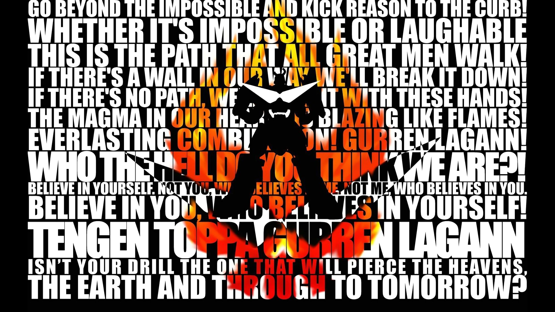 4K Ultra HD anime wallpaper featuring Tengen Toppa Gurren Lagann’s iconic helmet amidst bold, fiery motivational text in dynamic black, white, and red colors.
