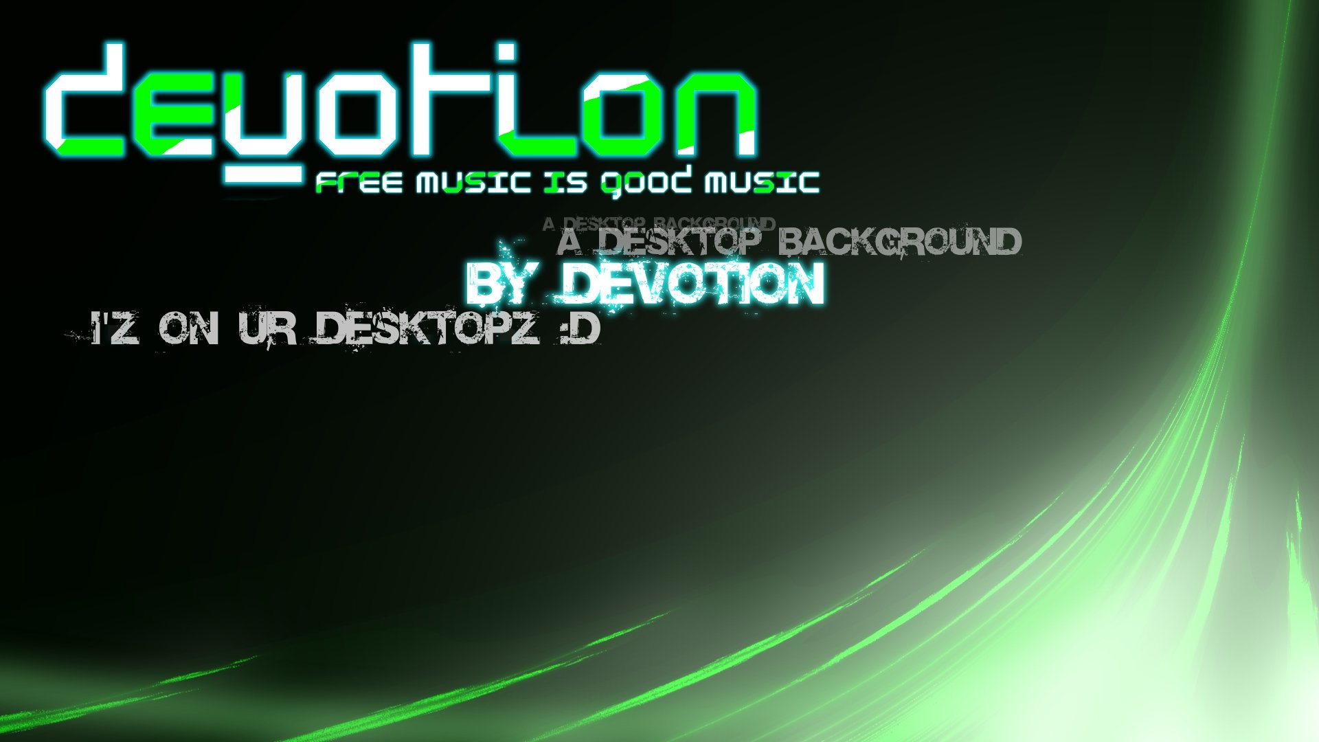 HD PC desktop wallpaper/background with artistic green glow and flowing light streaks evoking trance music; pixelated Devotion title and free music is good music tagline.