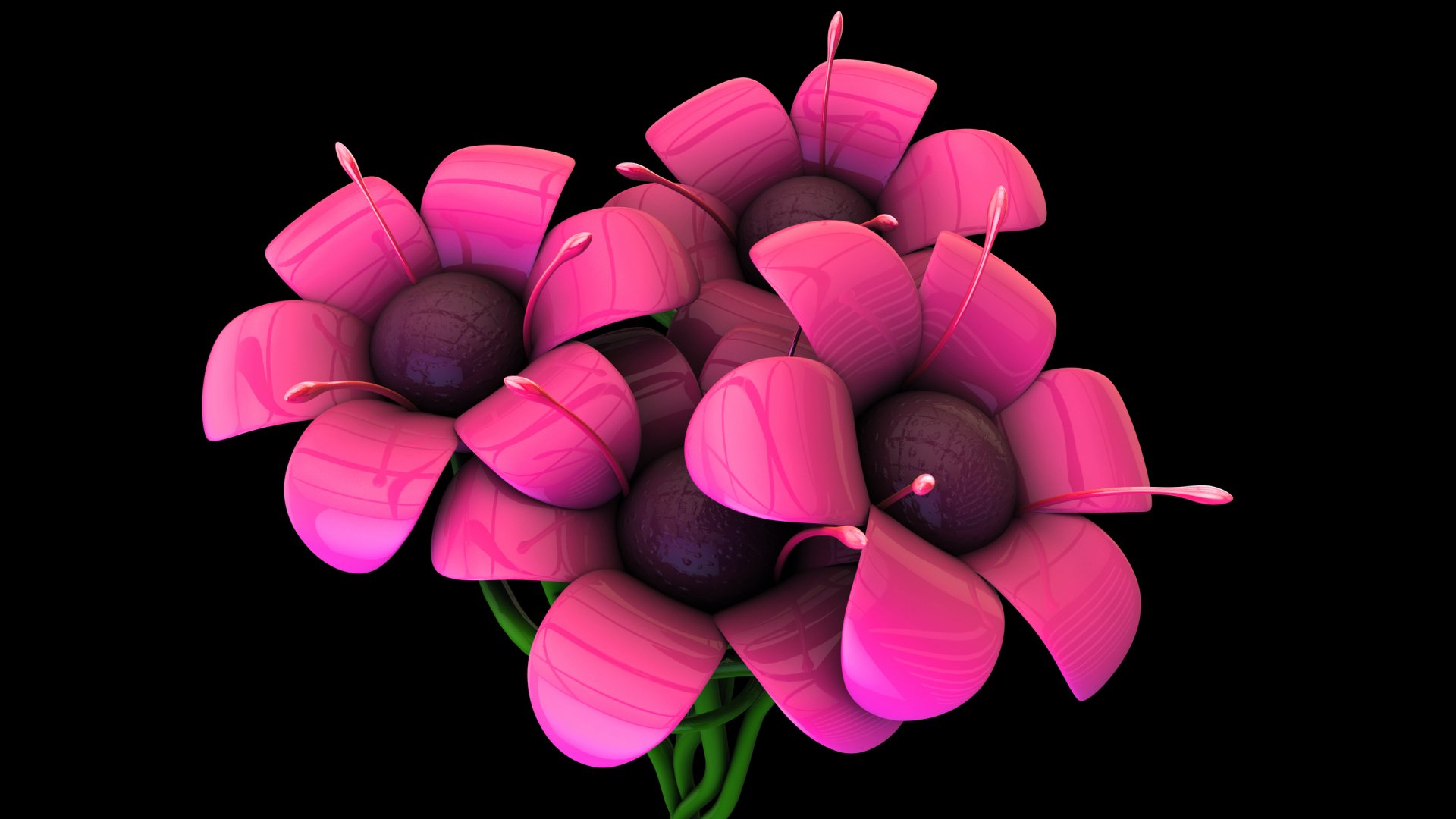 A vibrant cluster of artistic pink flowers with rich purple centers, set against a sleek black background, creating an eye-catching HD wallpaper for any desktop.