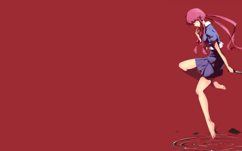 pink hair, long hair, pink eyes, anime, anime girls, Mirai Nikki, Gasai  Yuno, Amano Yukiteru, red background, cellphone, anime boys, flip phones